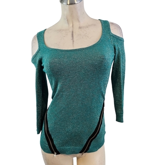 Bebe Size XS Cold Shoulder Sweater Knit Top Teal - Picture 1 of 7